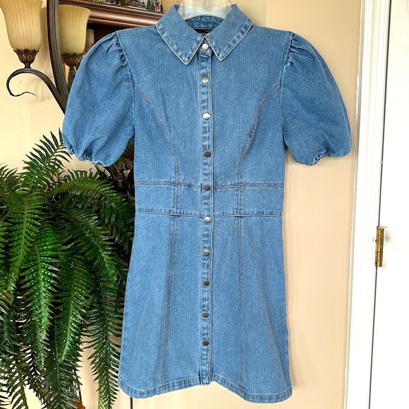 Brand New The Fifth Label Denim Jean Dress Puff Sleeve Button Front Blue Mini - Picture 4 of 16